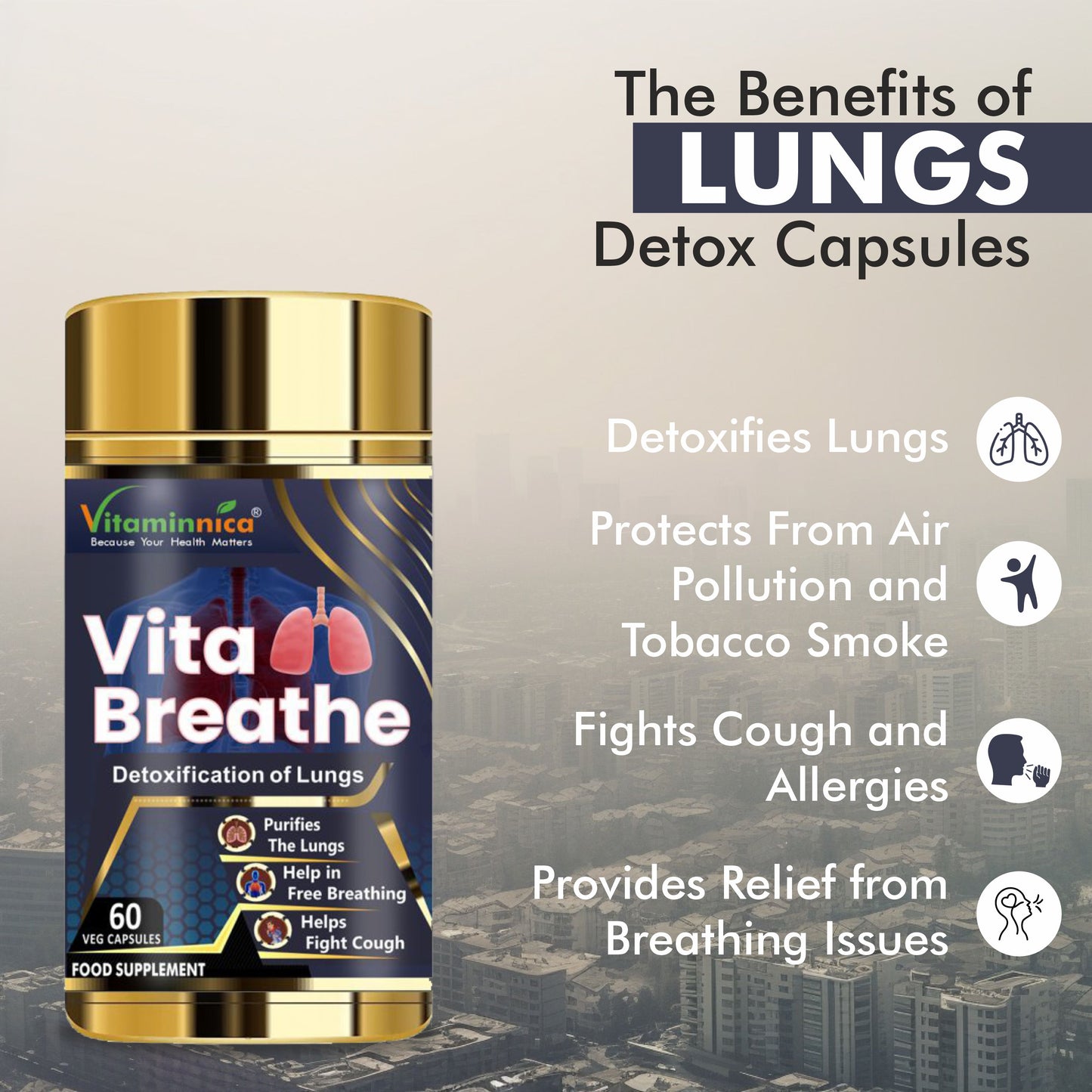 Vitaminnica Vita Breathe: Detoxify Lungs Health -60 Capsules| Pack of 3