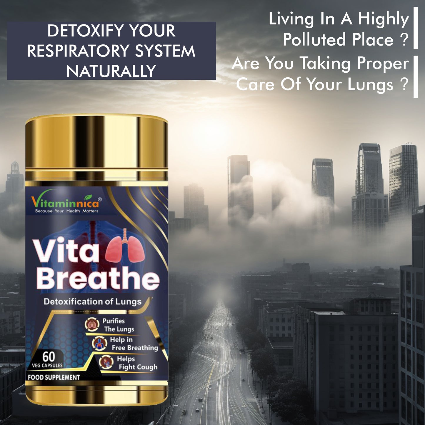Vitaminnica Vita Breathe: Detoxify Lungs Health -60 Capsules| Pack of 2