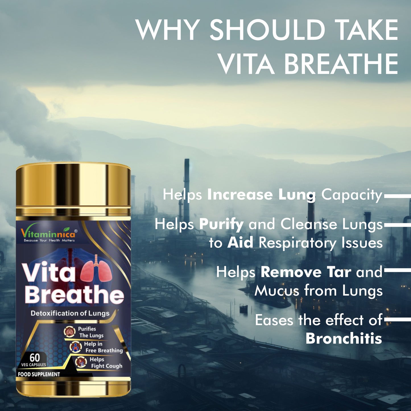 Vitaminnica Vita Breathe: Detoxify Lungs Health -60 Capsules| Pack of 2